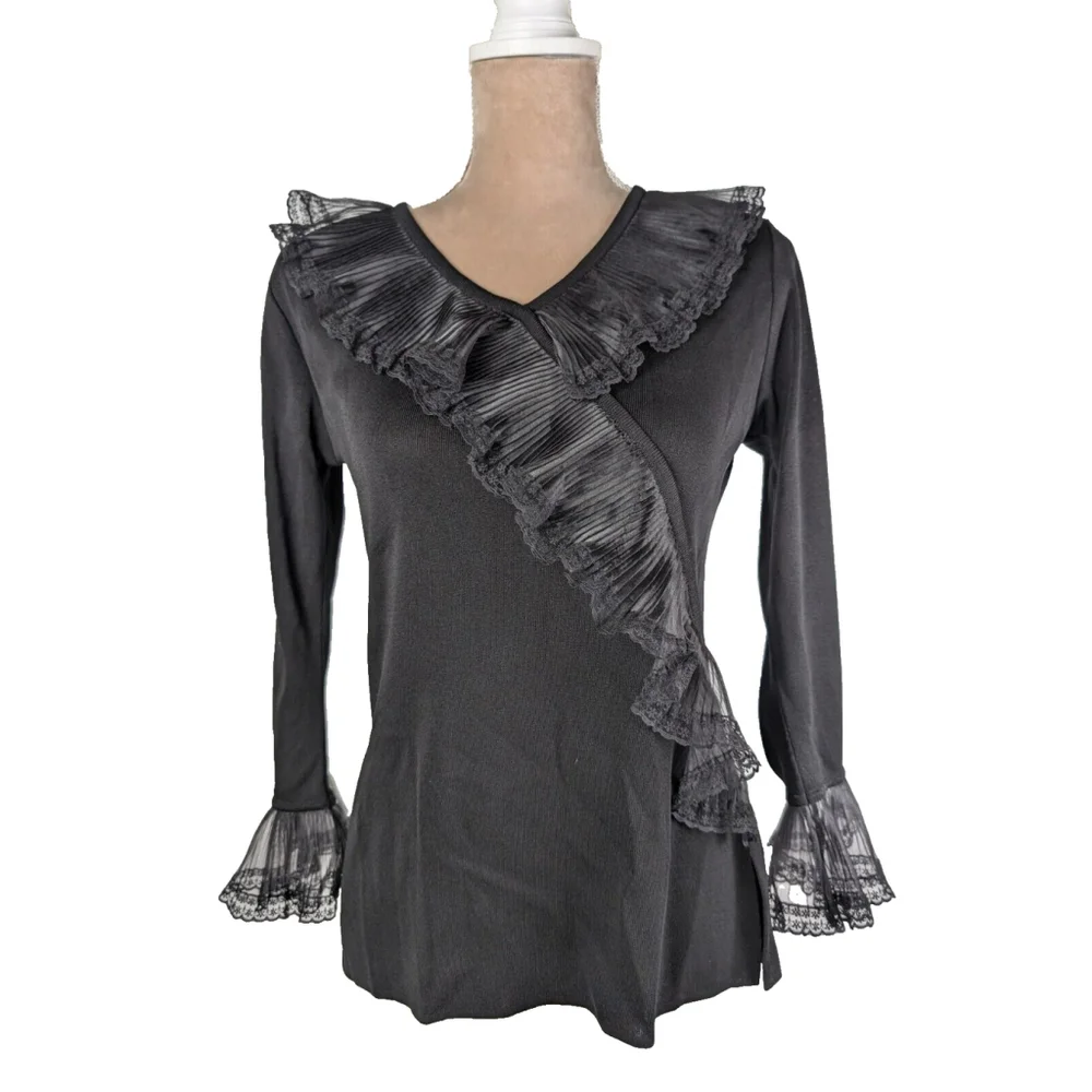 Exclusively Misook Pleated Ruffle Trim Black Faux Wrap Top Goth Grunge XS